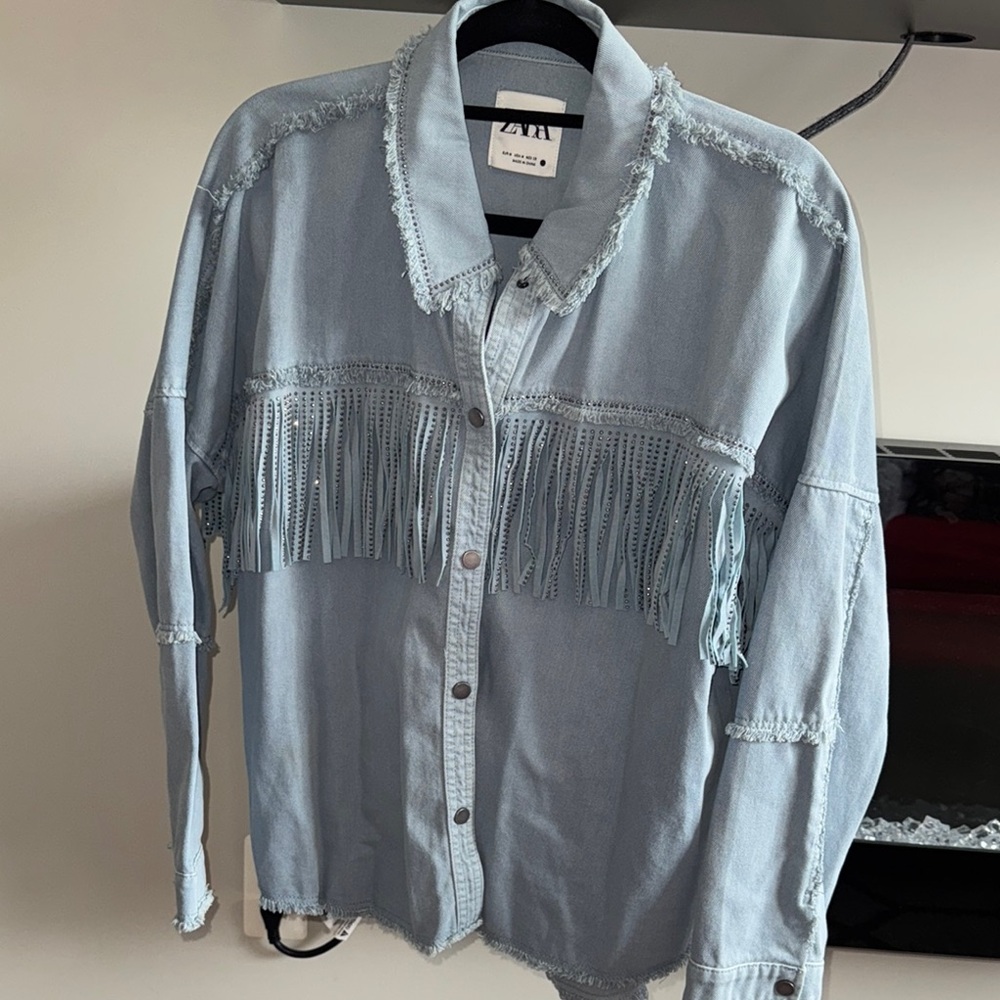 ZARA Fringed Light Blue Denim Shirt